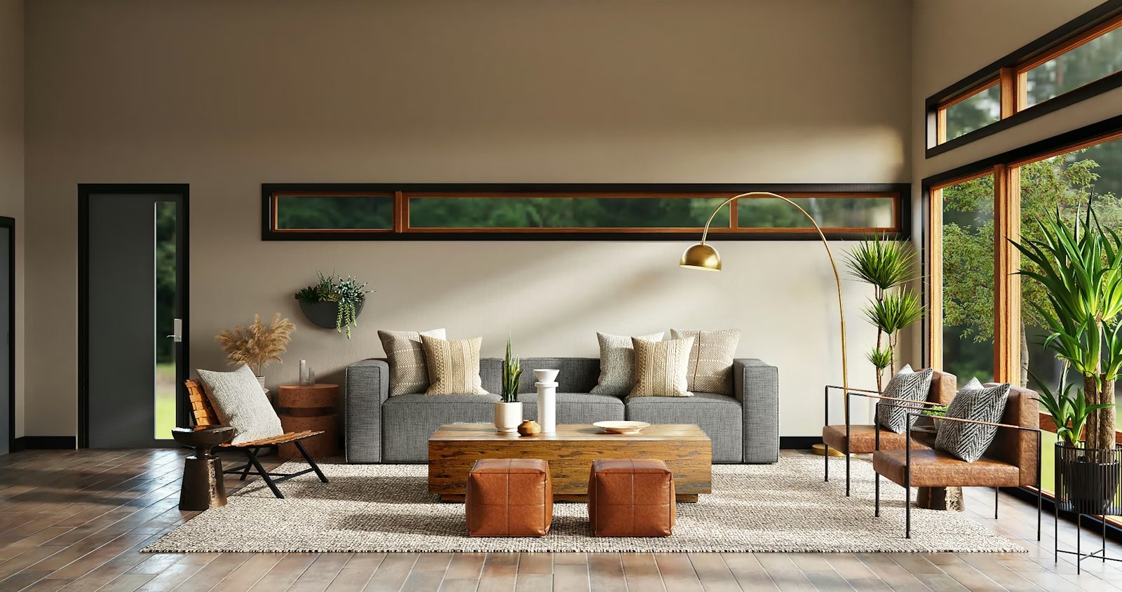 Beautifully furnished living room with natural light and warm tones
